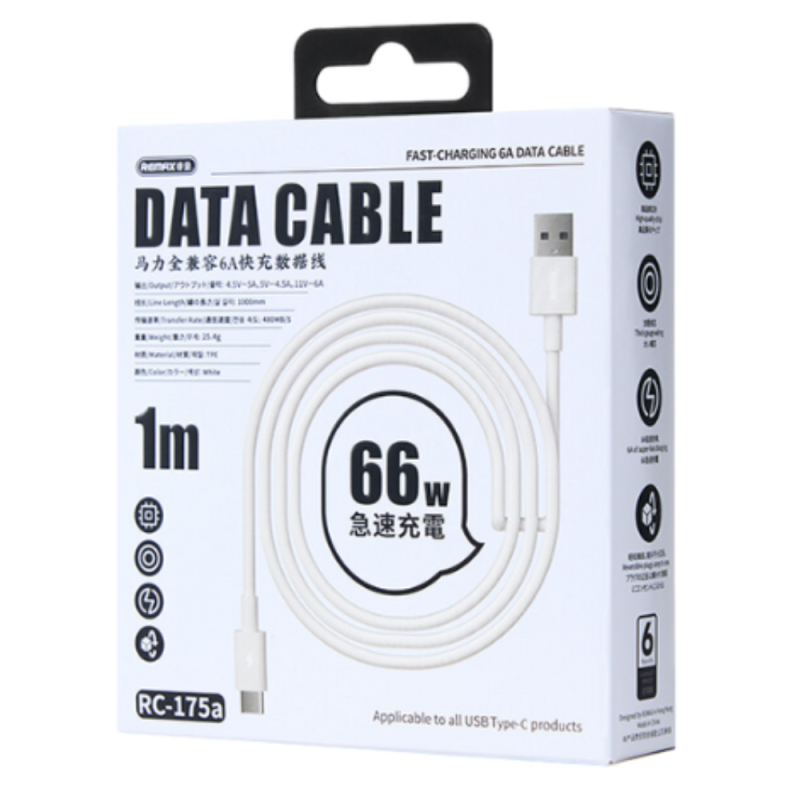 Câble USB / USB-C 66W 6A Remax Marlik RC-175a Blanc
